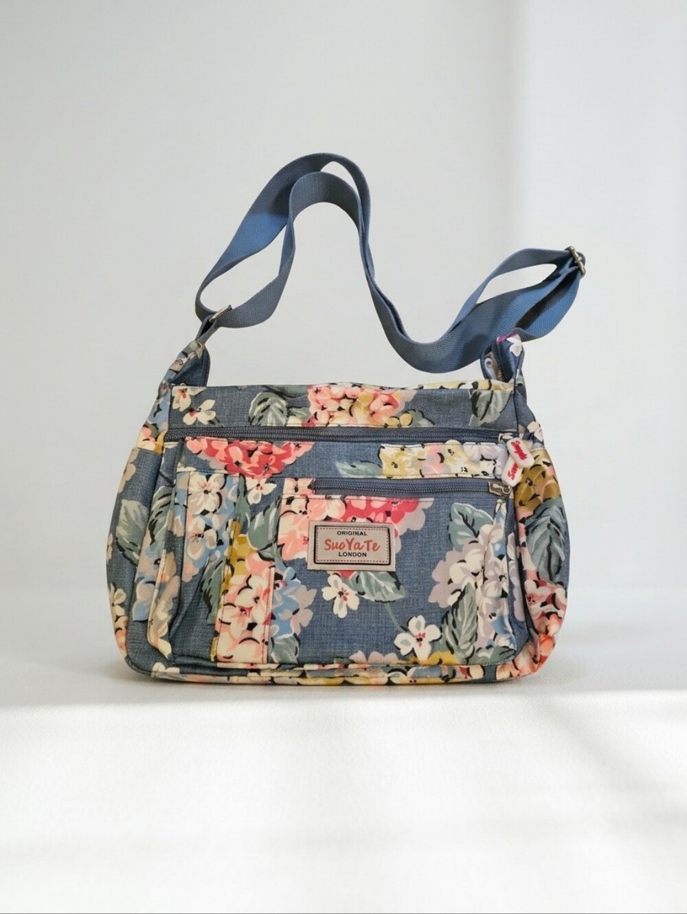 Floral Crossbody Bag Blue Lightweight Nylon Travel Shoulder Purse Multi-Pocket